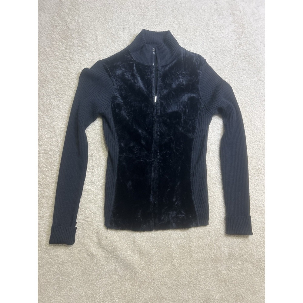 Vintage Karen Kane Black Ribbed Long Sleeve 100% Merino Wool Zip Sweater Size M